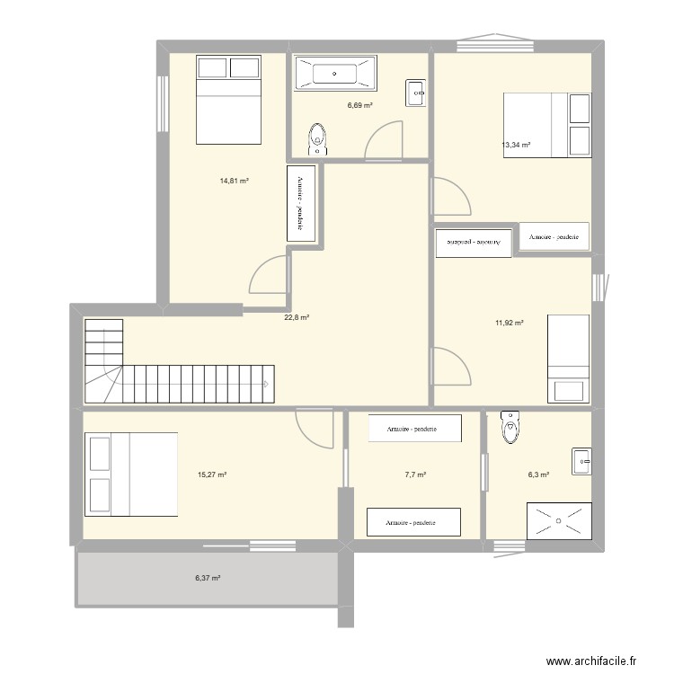 Piso 2. Plan de 9 pièces et 105 m2