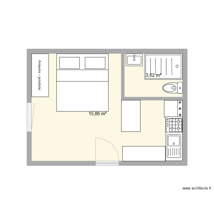 20m2. Plan de 2 pièces et 19 m2