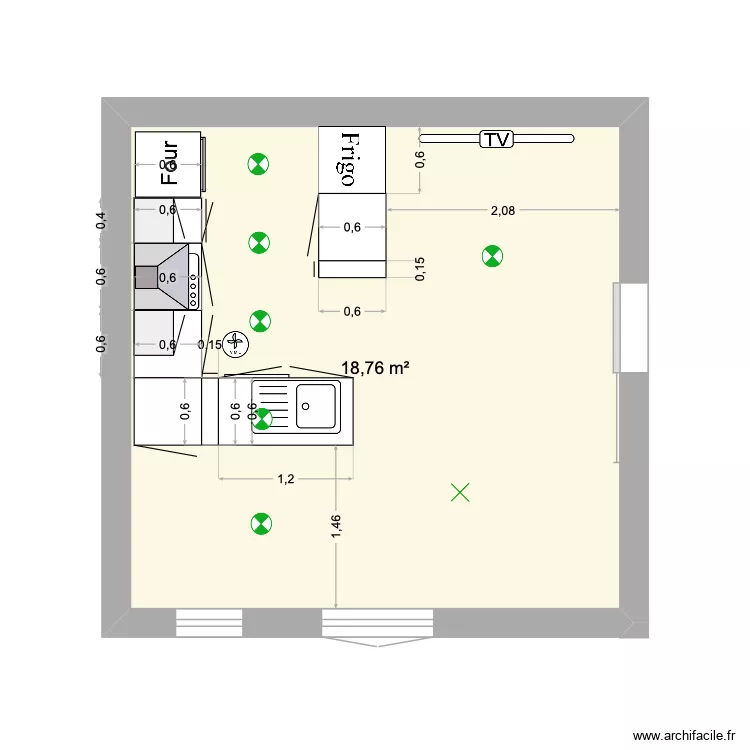 plan cuisine. Plan de 1  et 19 m²