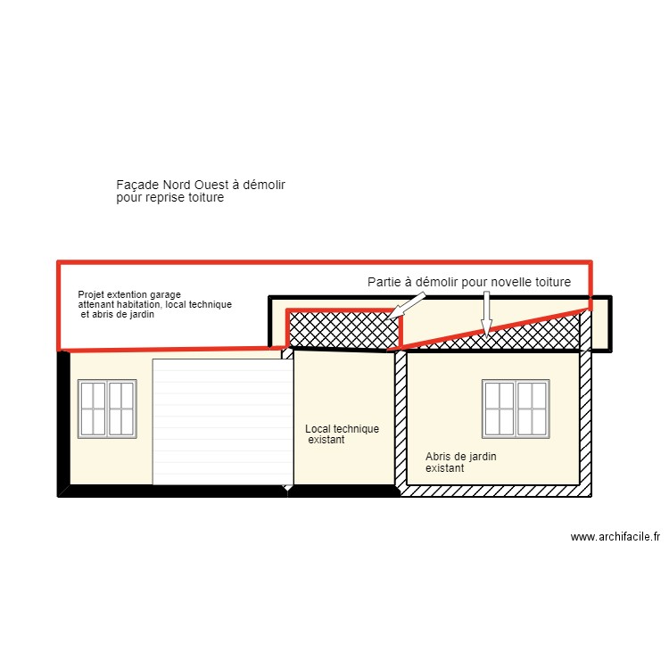 Façade nord ouest avec démolition de l'abris de jardin. Plan de 6 pièces et 23 m2