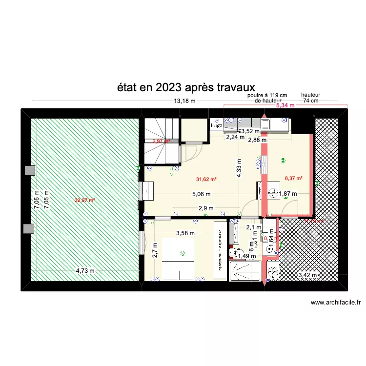 Coq 2&egrave;me &eacute;tage apr&egrave;s travaux 2023. Plan de 