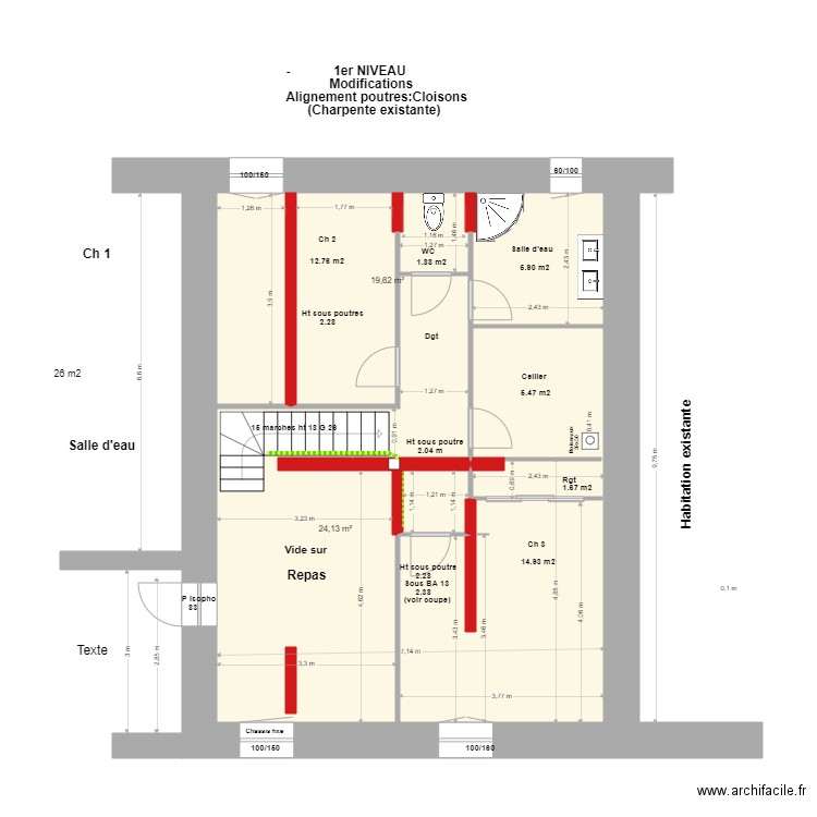 1er niveau Escalier. Poutres:Cloisons. Plan de 3 pièces et 65 m2