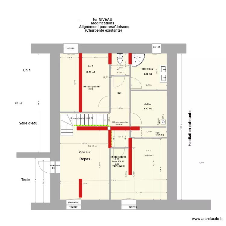 1er niveau Escalier. Poutres:Cloisons. Plan de 