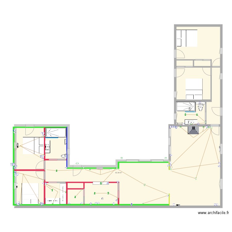 Câblage élec meublé. Plan de 14 pièces et 183 m2