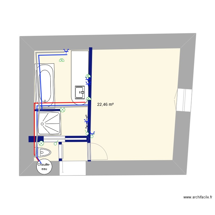sdb. Plan de 1 pièce et 22 m2