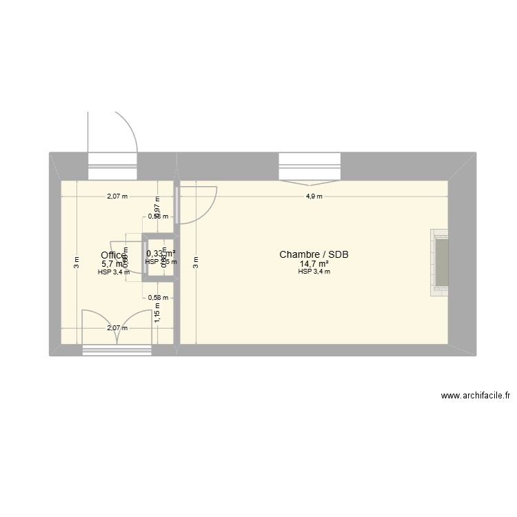 HSJ_RDC_Chambre_Nord_SDB_Office. Plan de 3 pièces et 21 m2