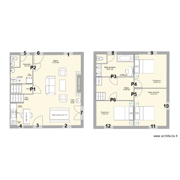 Portes et fenetres. Plan de 5 pièces et 100 m2