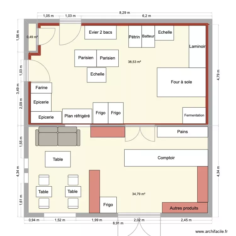 Boulangerie plan 1. Plan de 3 Pièces et 74 m²