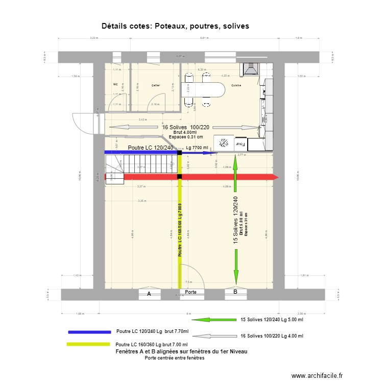 Détails cotes: poteaux, poutres, solives. Plan de 1 pièce et 72 m2