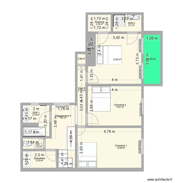 Saint Louis actuel &eacute;tage 2 B. Plan de 13  et 70 m²