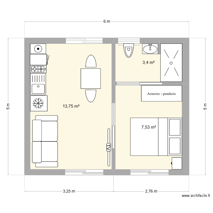 Bungalow01 - 30m2. Plan de 3 pièces et 25 m2