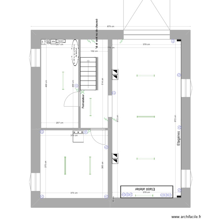 Sous sol sanitaire. Plan de 3 pièces et 57 m2