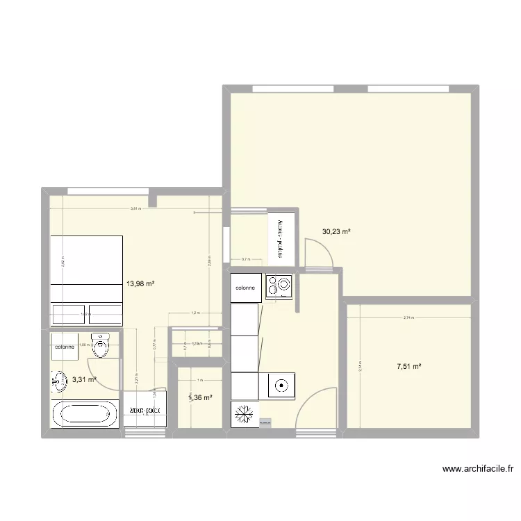 5 eme cuisine. Plan de 5  et 56 m²