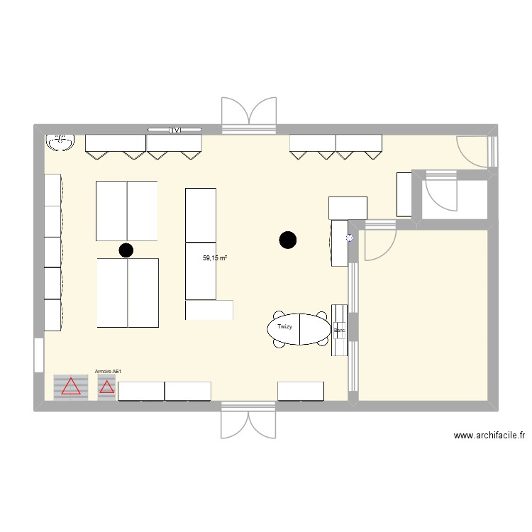 Chantier apres. Plan de 2 pièces et 74 m2