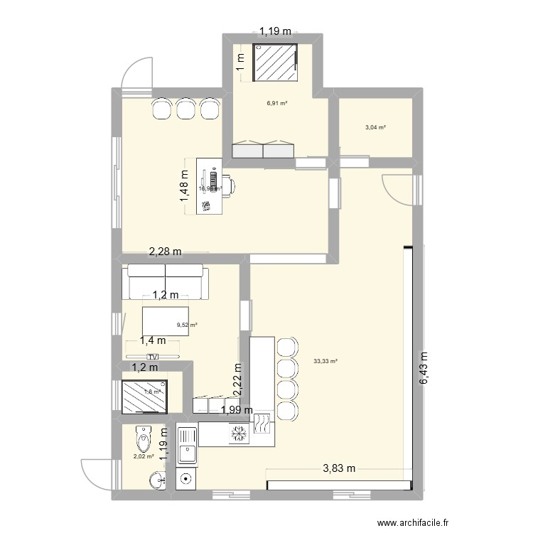 cuisine, vestiaire, toilette, local technique. Plan de 7 pièces et 74 m2