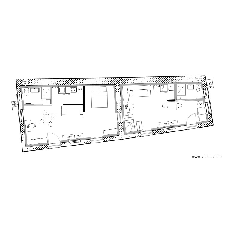 PLAN DU T2 avec mezzanine en vue RDC. Plan de 2 pièces et 69 m2