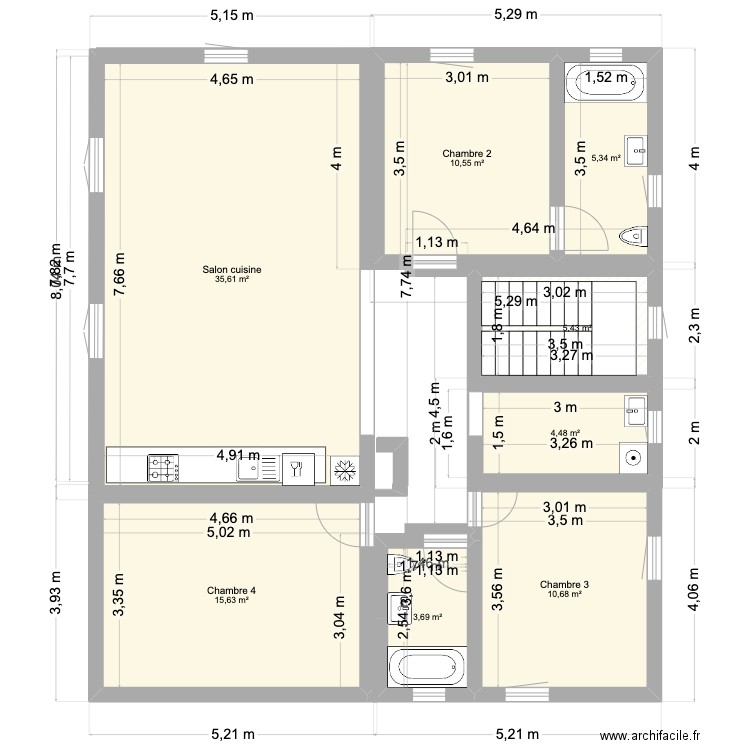 Maison 1er étage complet. Plan de 8 pièces et 91 m2