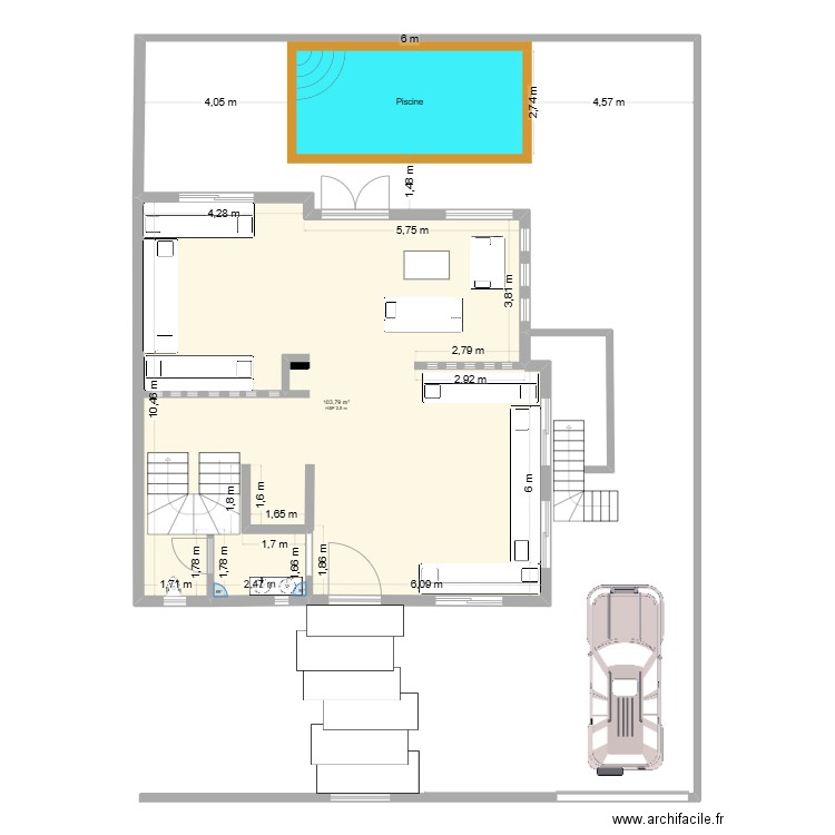 rdc. Plan de 1 pièce et 104 m2