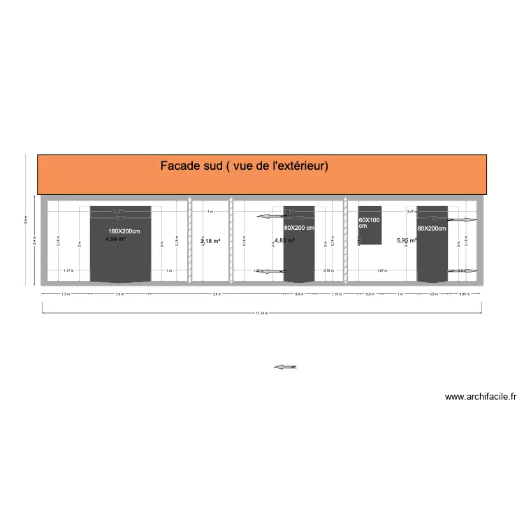 facade sud final. Plan de 4  et 18 m²