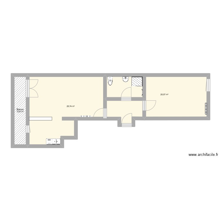 Appart T2 St Denis. Plan de 3 pièces et 55 m2