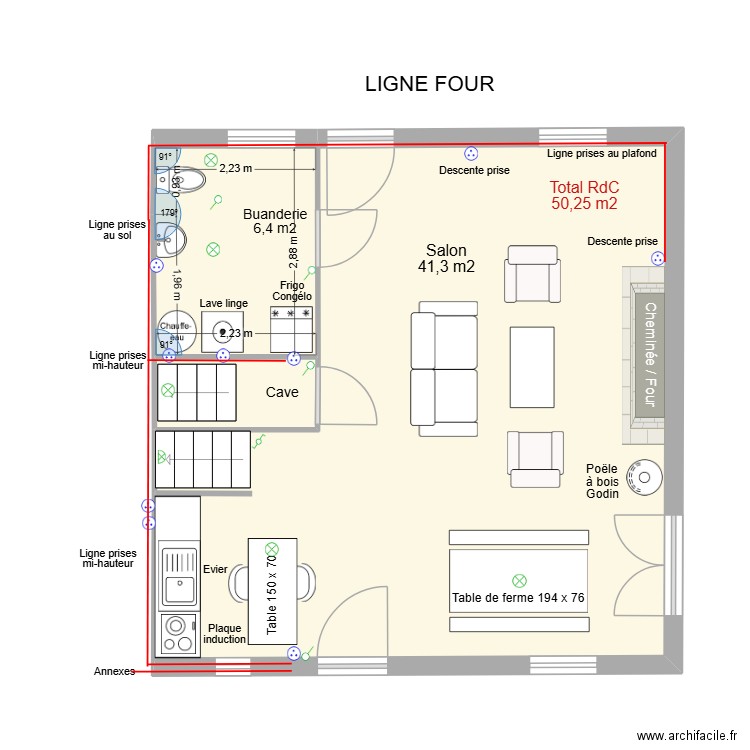 Electricité ligne four. Plan de 3 pièces et 50 m2