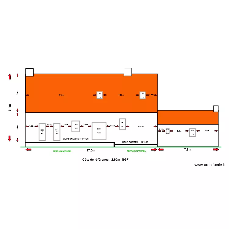 vu en coupe arriere avant travaux. Plan de 
