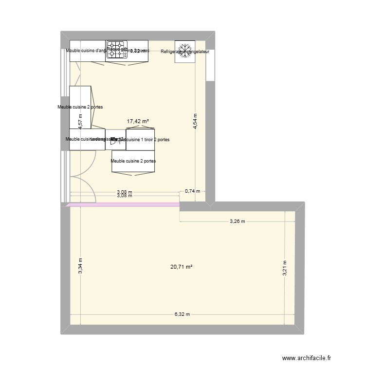 plan cuisine. Plan de 2 pièces et 38 m2