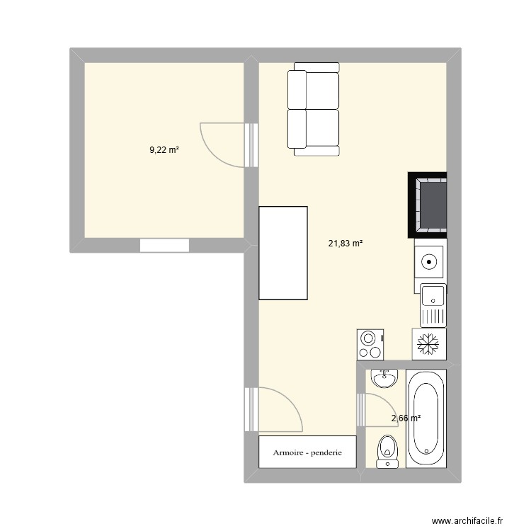 jkk. Plan de 3 pièces et 34 m2