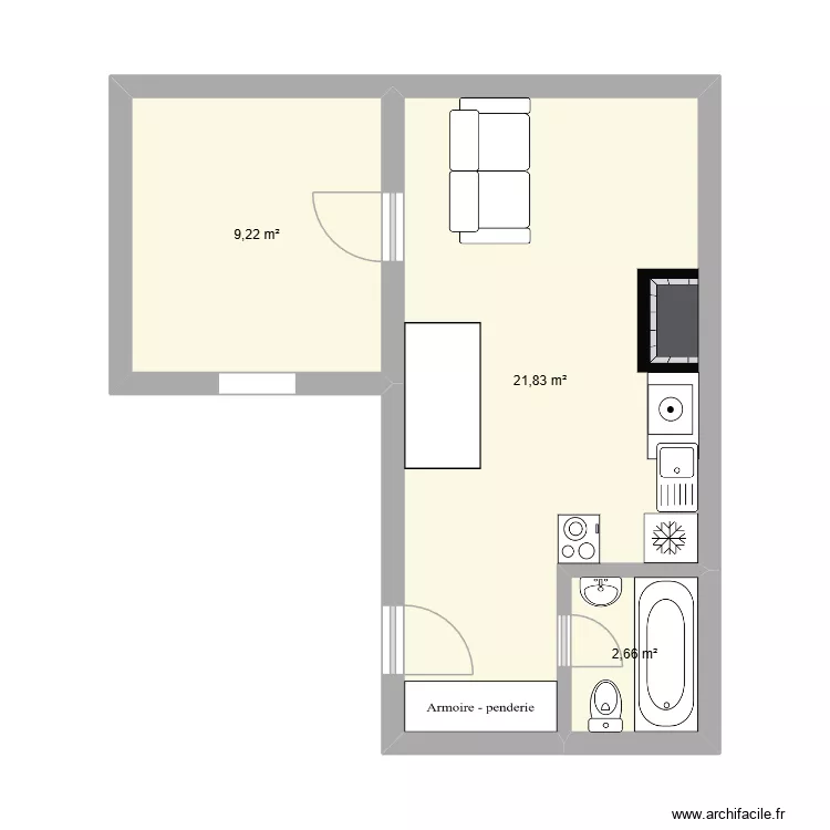 jkk. Plan de 3 pièces et 34 m²
