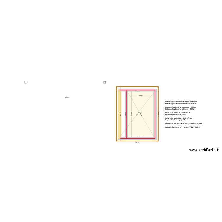 Piscine V8 cotes radier. Plan de 3 pièces et 21 m2