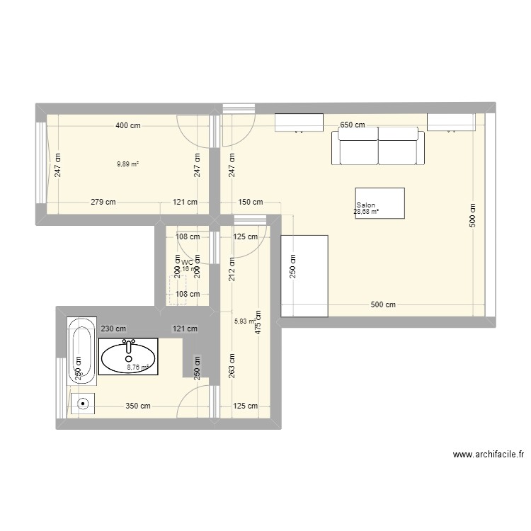 Vrais faux pas appart Pauline. Plan de 5 pièces et 55 m2