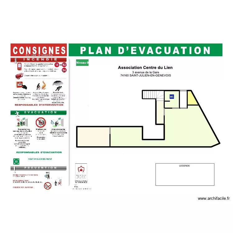 Plan d'&eacute;vacuation Association centre du lien. Plan de 8  et 85 m²