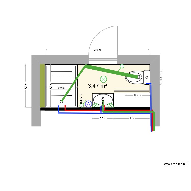 Salle de bain. Plan de 1 pièce et 3 m2