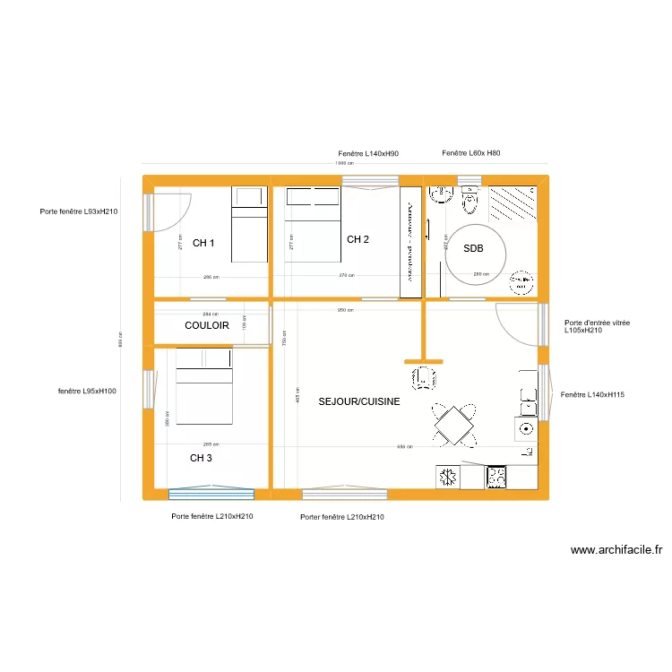 maison toit plat 80 m&sup2; sans implantation poteux/pieux. Plan de 