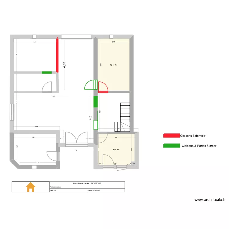 Projet C&egrave;dres Rez de jardin ma&ccedil;onnerie. Plan de 2  et 21 m²