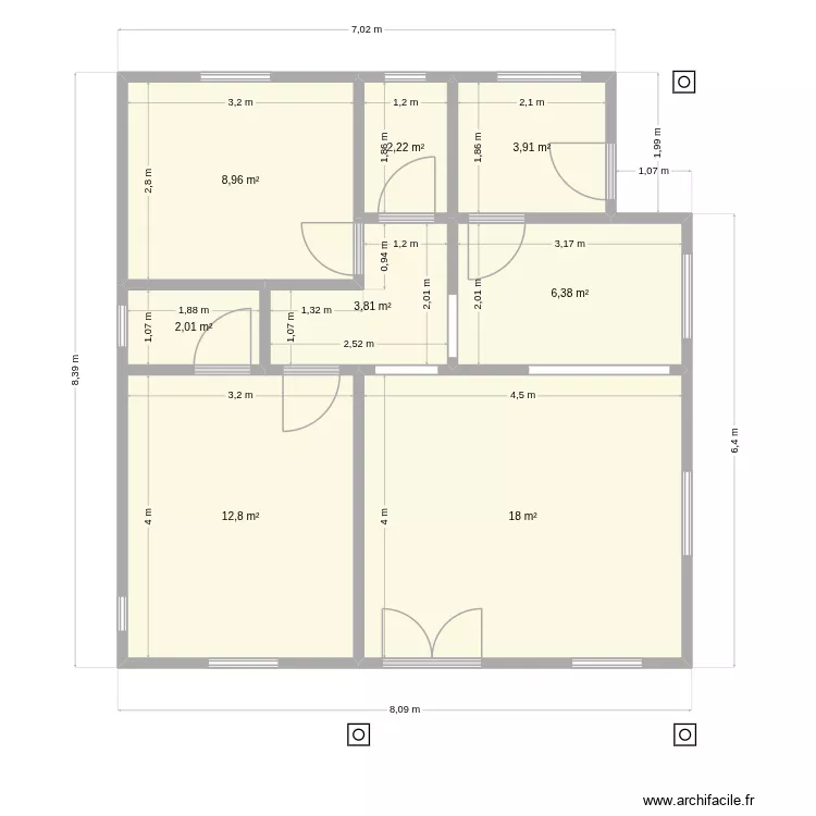 plan 2 chambres. Plan de 8  et 58 m²