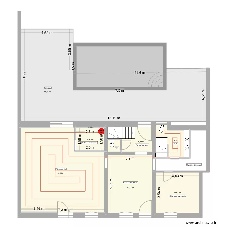 Plan chauffage sol Moncrabeau. Plan de 13 pièces et 293 m²