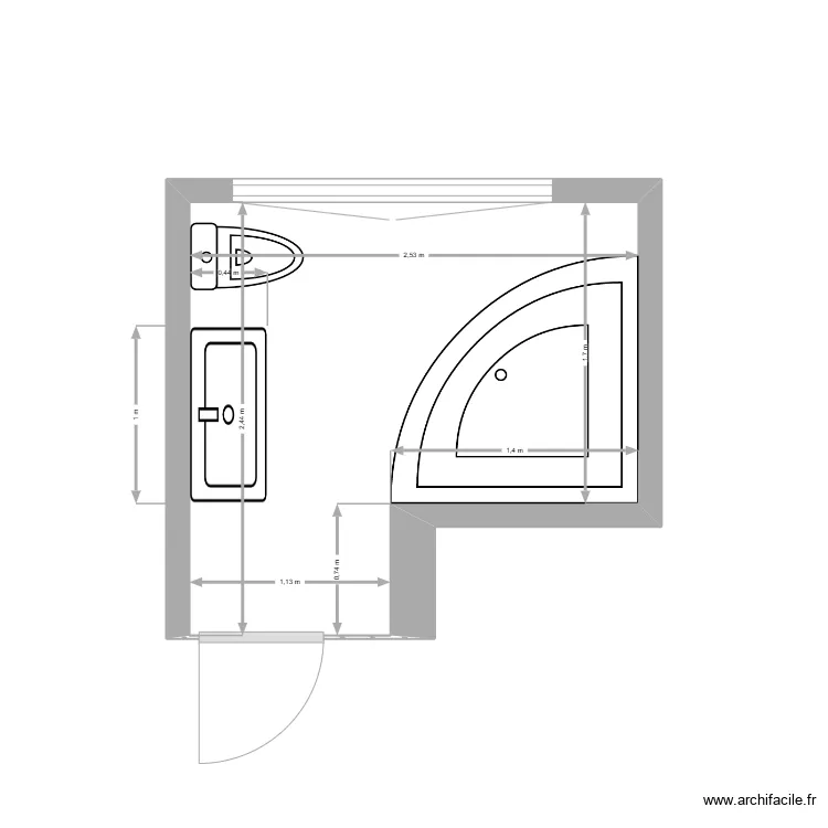 salle de bain baignoire 140x140 angle c&ocirc;t&eacute; porte. Plan de 