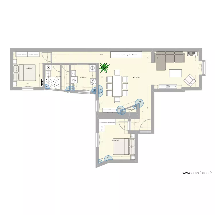 Noumin'House - Etat final avec meuble. Plan de 6 Pièces et 74 m² Noumin'House - Etat final avec meuble. Plan de 6 Pièces et 74 m²