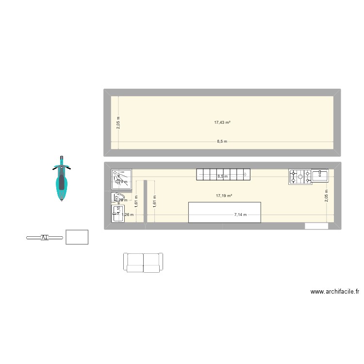Rez de chaussée. Plan de 2 pièces et 35 m2