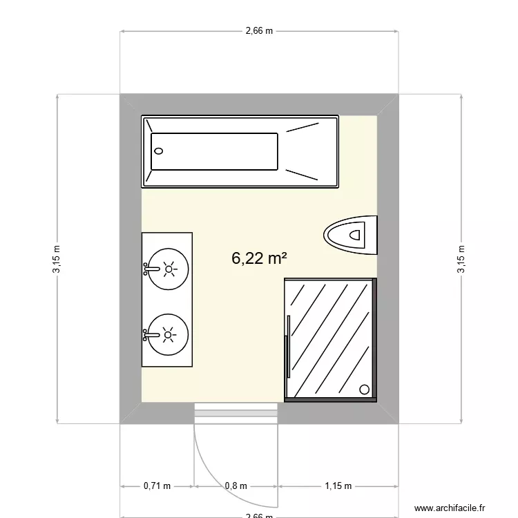 SDB C&B. Plan de 1 Pièce et 6 m²
