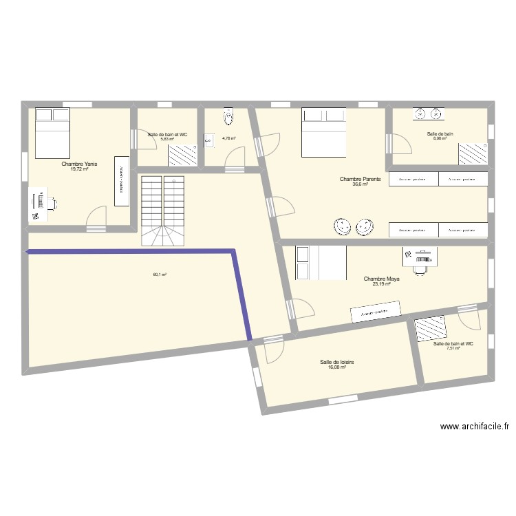 Etage projet. Plan de 9 pièces et 183 m2