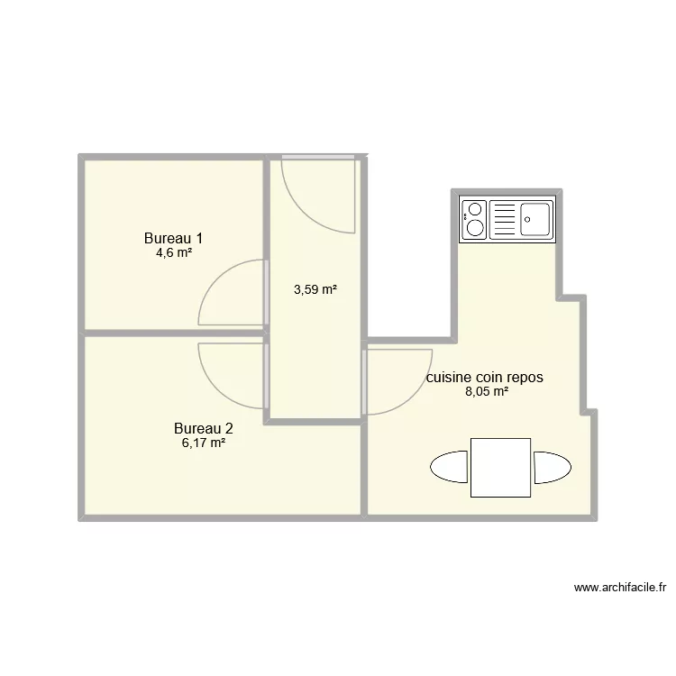 bureau cuisine. Plan de 4  et 22 m²
