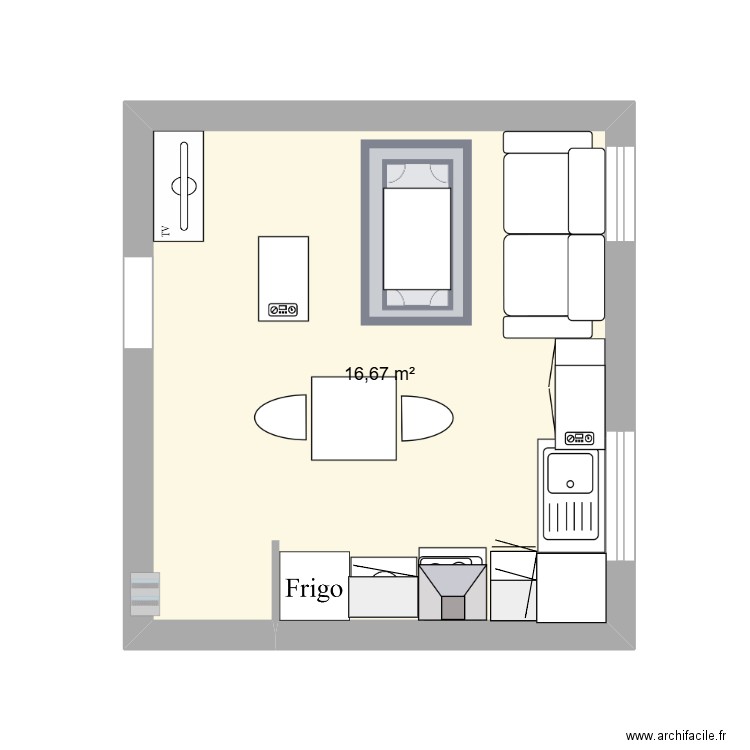 cuisine salon 2. Plan de 1 pièce et 17 m2