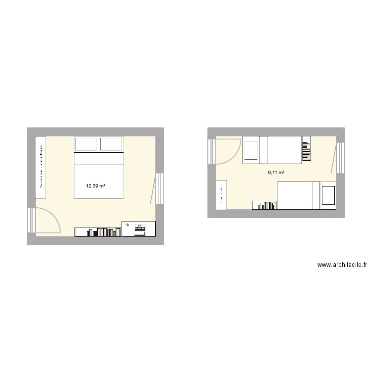 chambres. Plan de 2 pièces et 22 m2