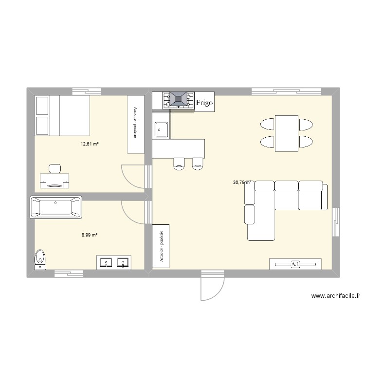 17/12 appart. Plan de 3 pièces et 58 m2