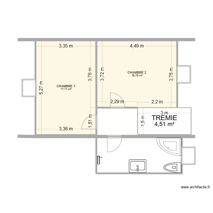 ETAGE. Plan de 3  et 39 m²
