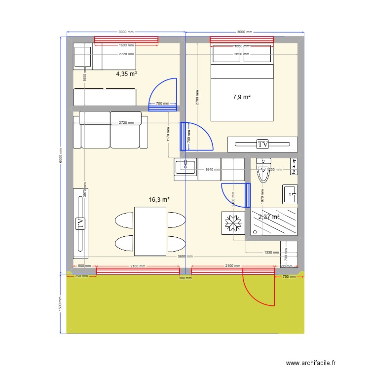 О2Б 3. Plan de 5 pièces et 39 m2
