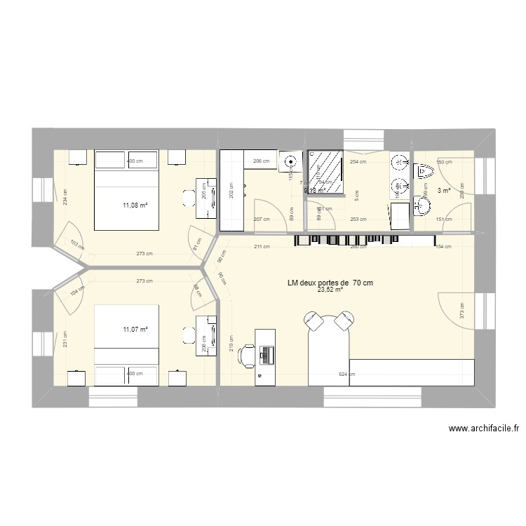 LM deux portes de 70 et 2 portes wc sdb. Plan de 12 pièces et 148 m2