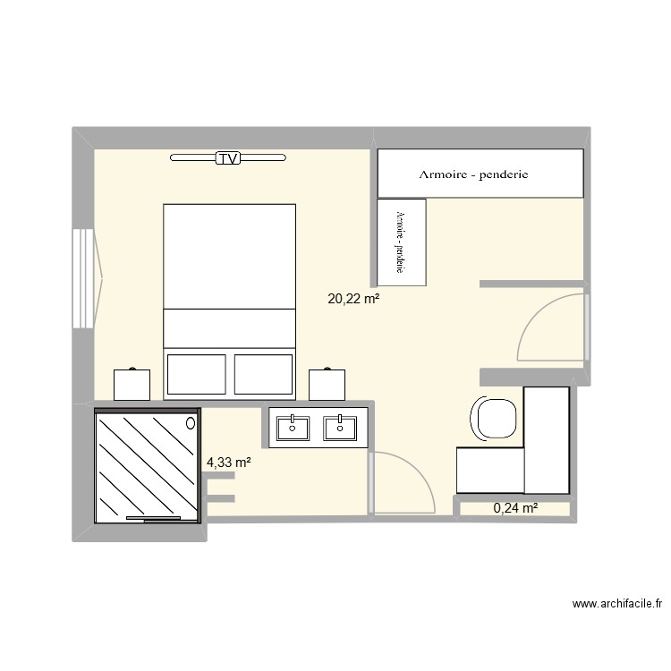 chambre RDC. Plan de 3 pièces et 25 m2